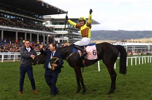 CHELTENHAM, ENGLAND - MARCH 17: Paul Townend on board Galopin Des Champs celebrate after winning the Boodles Cheltenham Gold Cup Chase during day four of the Cheltenham Festival 2023 at Cheltenham Racecourse on March 17, 2023 in Cheltenham, England. (Photo by Michael Steele/Getty Images)