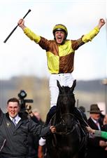 CHELTENHAM, ENGLAND - MARCH 17: Paul Townend on board Galopin Des Champs celebrate after winning the Boodles Cheltenham Gold Cup Chase during day four of the Cheltenham Festival 2023 at Cheltenham Racecourse on March 17, 2023 in Cheltenham, England. (Photo by Ryan Pierse/Getty Images)