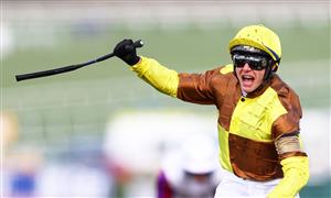 CHELTENHAM, ENGLAND - MARCH 17: Paul Townend on board Galopin Des Champs celebrate after winning the Boodles Cheltenham Gold Cup Chase during day four of the Cheltenham Festival 2023 at Cheltenham Racecourse on March 17, 2023 in Cheltenham, England. (Photo by Michael Steele/Getty Images)
