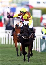 CHELTENHAM, ENGLAND - MARCH 17: Paul Townend on board Galopin Des Champs celebrate after winning the Boodles Cheltenham Gold Cup Chase during day four of the Cheltenham Festival 2023 at Cheltenham Racecourse on March 17, 2023 in Cheltenham, England. (Photo by Michael Steele/Getty Images)