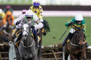 CHELTENHAM, ENGLAND - MARCH 17: Paul Townend riding Lossiemouth (pink) clear the last to win The JCB Triumph Hurdle during day four of the Cheltenham Festival 2023 at Cheltenham Racecourse on March 17, 2023 in Cheltenham, England. (Photo by Alan Crowhurst/Getty Images)
