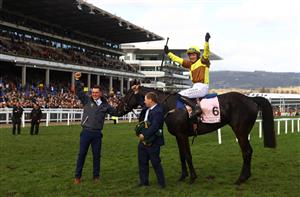 CHELTENHAM, ENGLAND - MARCH 17: Paul Townend on board Galopin Des Champs celebrate after winning the Boodles Cheltenham Gold Cup Chase during day four of the Cheltenham Festival 2023 at Cheltenham Racecourse on March 17, 2023 in Cheltenham, England. (Photo by Michael Steele/Getty Images)