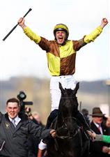 CHELTENHAM, ENGLAND - MARCH 17: Paul Townend on board Galopin Des Champs celebrate after winning the Boodles Cheltenham Gold Cup Chase during day four of the Cheltenham Festival 2023 at Cheltenham Racecourse on March 17, 2023 in Cheltenham, England. (Photo by Ryan Pierse/Getty Images)