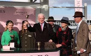 CHELTENHAM, ENGLAND - MARCH 17: Trainer Willie Mullins celebrates as Galopin Des Champs wins the Boodles Cheltenham Gold Cup Chase th during day four of the Cheltenham Festival 2023 at Cheltenham Racecourse on March 17, 2023 in Cheltenham, England. (Photo by Ryan Pierse/Getty Images)