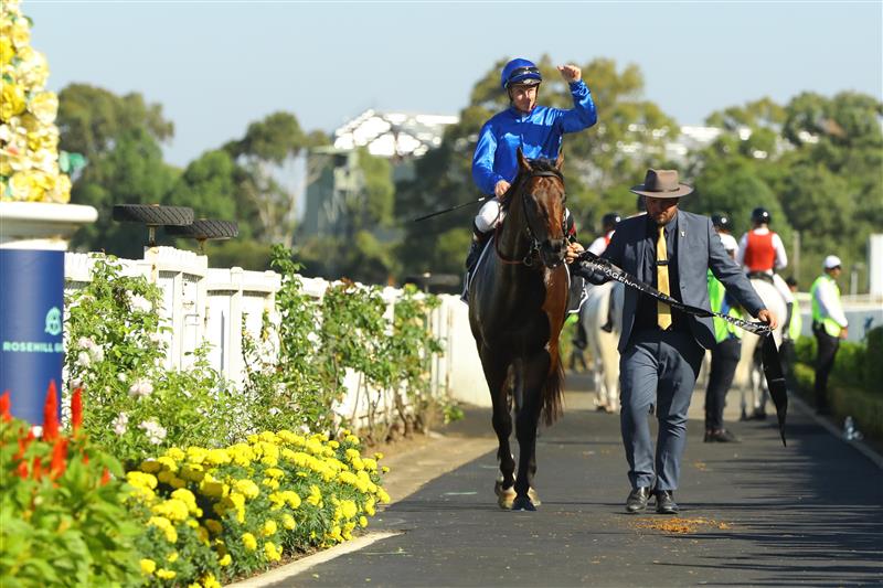 SYDNEY, AUSTRALIA - MARCH 18: James Mcdonald riding Anamoe wins Race 7 The Agency George Ryder Stakes during the Longines Golden Slipper Day - Sydney Racing at Rosehill Gardens on March 18, 2023 in Sydney, Australia. (Photo by Jeremy Ng/Getty Images)