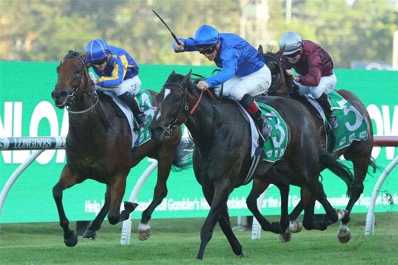 SYDNEY, AUSTRALIA - MARCH 18: James Mcdonald riding Zapateo wins Race 10 Tab Birthday Card Stakes during the Longines Golden Slipper Day - Sydney Racing at Rosehill Gardens on March 18, 2023 in Sydney, Australia. (Photo by Jeremy Ng/Getty Images)