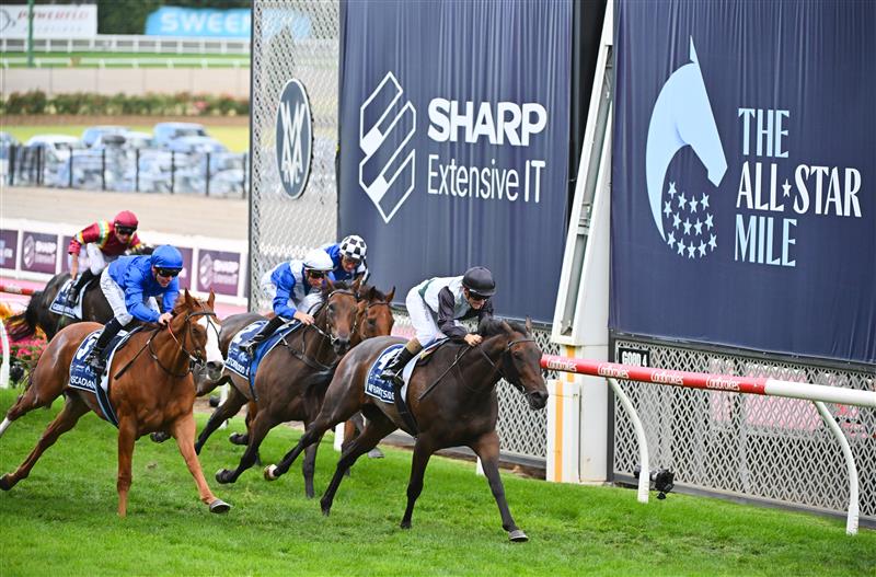 MELBOURNE, AUSTRALIA - MARCH 18: Luke Currie riding Mr Brightside defeats Ben Melham riding Cascadian in Race 7, the The Sharp Eit All-star Mile, during Melbourne Racing at Moonee Valley Racecourse on March 18, 2023 in Melbourne, Australia. (Photo by Vince Caligiuri/Getty Images)