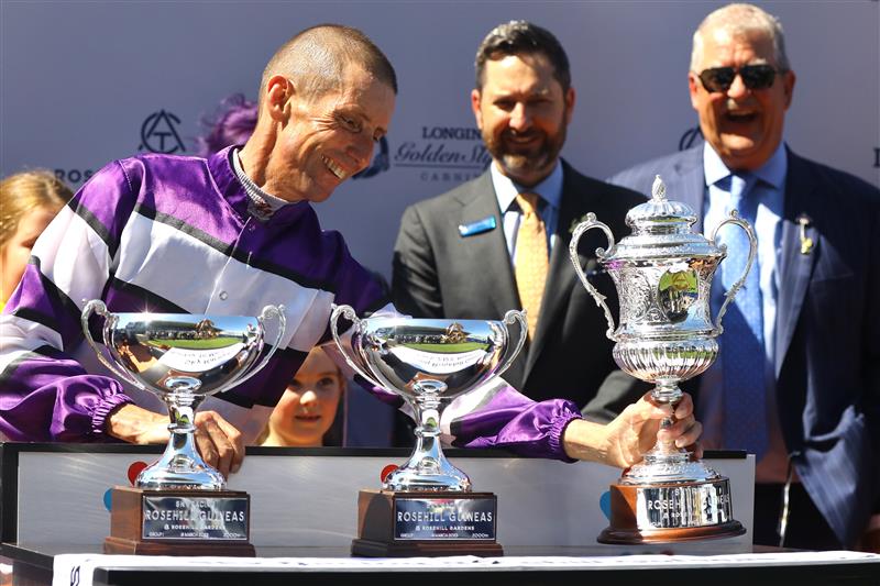 SYDNEY, AUSTRALIA - MARCH 18: Nash Rawiller riding Lindermann wins Race 4 Sky Racing Rosehill Guinea during the Longines Golden Slipper Day - Sydney Racing at Rosehill Gardens on March 18, 2023 in Sydney, Australia. (Photo by Jeremy Ng/Getty Images)