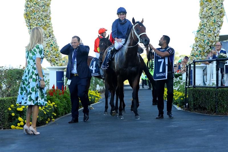 SYDNEY, AUSTRALIA - MARCH 18: Ryan Moore riding Shinzo wins Race 8 The Golden Slipper during the Longines Golden Slipper Day - Sydney Racing at Rosehill Gardens on March 18, 2023 in Sydney, Australia. (Photo by Jeremy Ng/Getty Images)