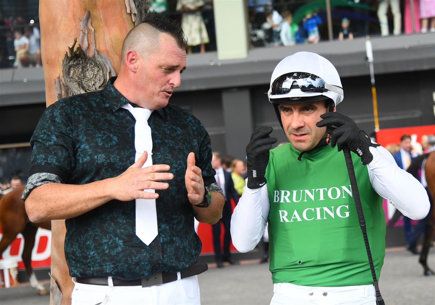 MELBOURNE, AUSTRALIA - MARCH 18: Trainer Scott Brunton and Daved Pires are seen before Race 7, the The Sharp Eit All-star Mile, during Melbourne Racing at Moonee Valley Racecourse on March 18, 2023 in Melbourne, Australia. (Photo by Vince Caligiuri/Getty Images)