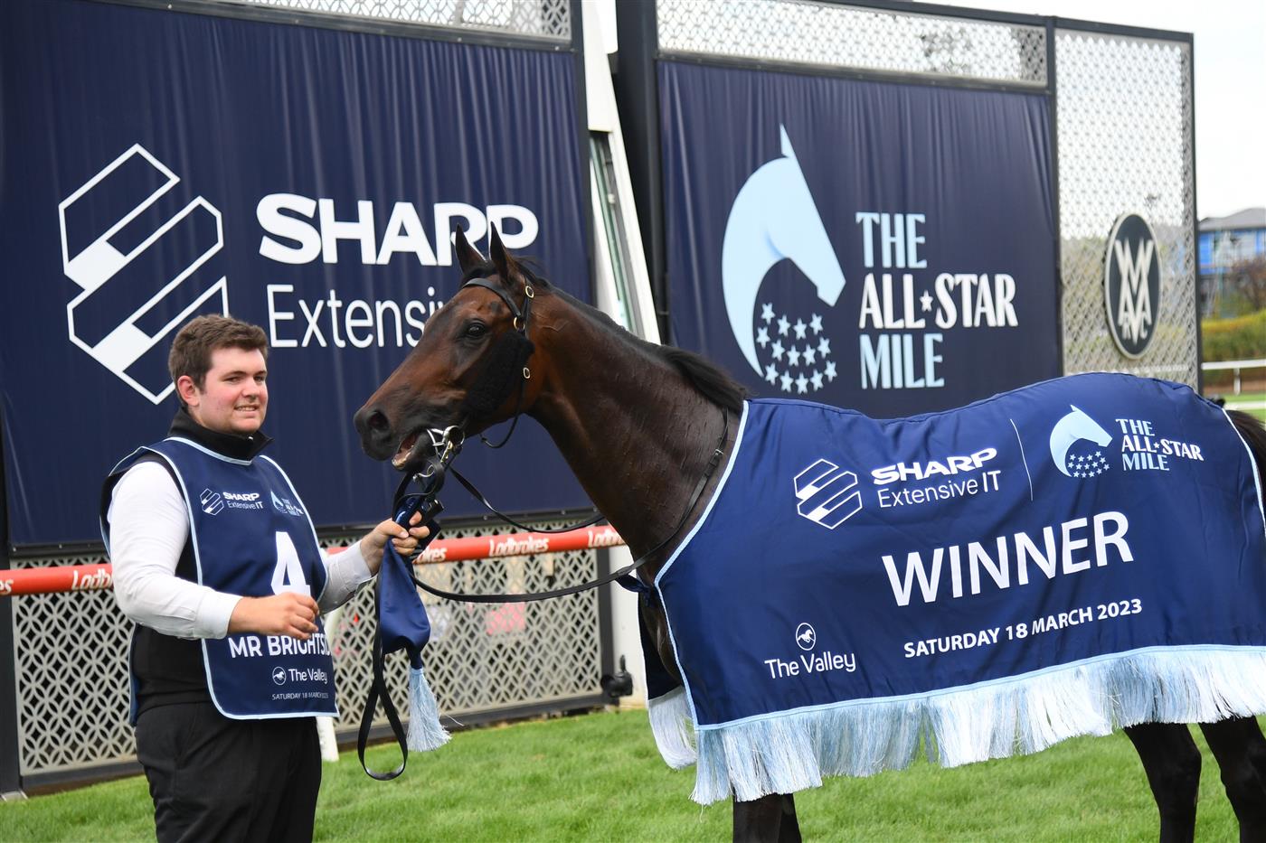 MELBOURNE, AUSTRALIA - MARCH 18: Mr Brightside after winning Race 7, the The Sharp Eit All-star Mile, during Melbourne Racing at Moonee Valley Racecourse on March 18, 2023 in Melbourne, Australia. (Photo by Vince Caligiuri/Getty Images)