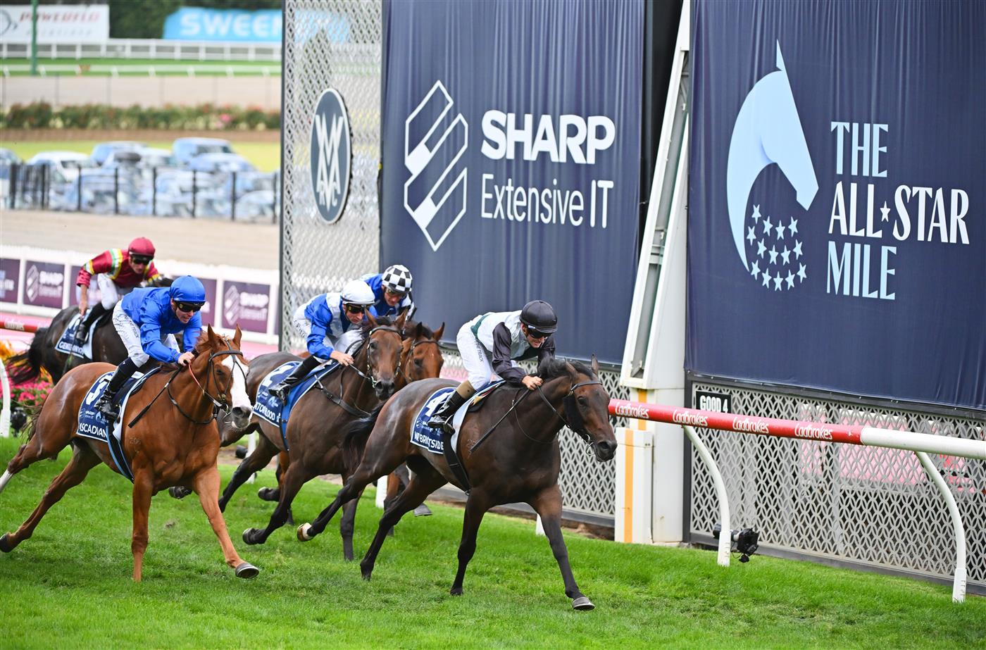MELBOURNE, AUSTRALIA - MARCH 18: Luke Currie riding Mr Brightside defeats Ben Melham riding Cascadian in Race 7, the The Sharp Eit All-star Mile, during Melbourne Racing at Moonee Valley Racecourse on March 18, 2023 in Melbourne, Australia. (Photo by Vince Caligiuri/Getty Images)