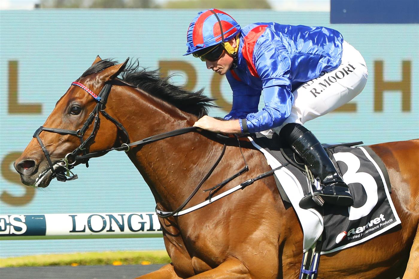 SYDNEY, AUSTRALIA - MARCH 18: Ryan Moore riding Dubai Honour wins Race 6 Ranvet Stakes during the Longines Golden Slipper Day - Sydney Racing at Rosehill Gardens on March 18, 2023 in Sydney, Australia. (Photo by Jeremy Ng/Getty Images)