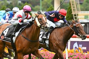 MELBOURNE, AUSTRALIA - MARCH 18: Carleen Hefel riding Vongole defeats Blaike McDougall riding Fearless Writer in Race 2, the Sharp Extensive It Handicap, during Melbourne Racing at Moonee Valley Racecourse on March 18, 2023 in Melbourne, Australia. (Photo by Vince Caligiuri/Getty Images)