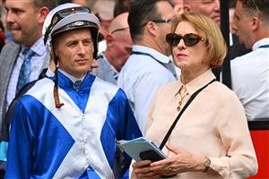 MELBOURNE, AUSTRALIA - MARCH 18: Blake Shinn and Trainer Gai Waterhouse are seen before Race 7, the The Sharp Eit All-star Mile, during Melbourne Racing at Moonee Valley Racecourse on March 18, 2023 in Melbourne, Australia. (Photo by Vince Caligiuri/Getty Images)