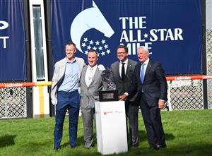MELBOURNE, AUSTRALIA - MARCH 18: Richmond Tigers star Jack Riewoldt, Brian Kruger Chairman Racing Victoria, Anthony Carbines Minister for Racing and Don Casboult Moonee Valley Chairman pose before Race 7, the The Sharp Eit All-star Mile, during Melbourne Racing at Moonee Valley Racecourse on March 18, 2023 in Melbourne, Australia. (Photo by Vince Caligiuri/Getty Images)