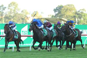 SYDNEY, AUSTRALIA - MARCH 18: James Mcdonald riding Zapateo wins Race 10 Tab Birthday Card Stakes during the Longines Golden Slipper Day - Sydney Racing at Rosehill Gardens on March 18, 2023 in Sydney, Australia. (Photo by Jeremy Ng/Getty Images)