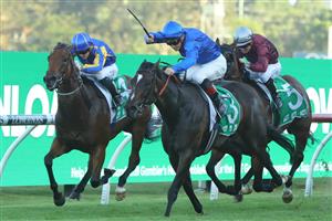 SYDNEY, AUSTRALIA - MARCH 18: James Mcdonald riding Zapateo wins Race 10 Tab Birthday Card Stakes during the Longines Golden Slipper Day - Sydney Racing at Rosehill Gardens on March 18, 2023 in Sydney, Australia. (Photo by Jeremy Ng/Getty Images)