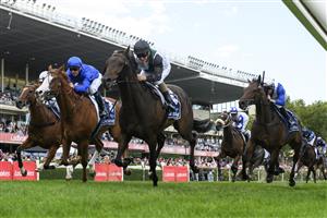 MELBOURNE, AUSTRALIA - MARCH 18: Luke Currie riding Mr Brightside defeats Ben Melham riding Cascadian and David Pires riding The Inevitable in Race 7, the The Sharp Eit All-star Mile, during Melbourne Racing at Moonee Valley Racecourse on March 18, 2023 in Melbourne, Australia. (Photo by Vince Caligiuri/Getty Images)