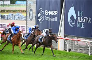 MELBOURNE, AUSTRALIA - MARCH 18: Luke Currie riding Mr Brightside defeats Ben Melham riding Cascadian in Race 7, the The Sharp Eit All-star Mile, during Melbourne Racing at Moonee Valley Racecourse on March 18, 2023 in Melbourne, Australia. (Photo by Vince Caligiuri/Getty Images)
