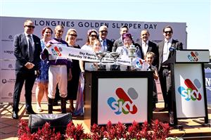 SYDNEY, AUSTRALIA - MARCH 18: VIPs and strappers celebrate after Nash Rawiller riding Lindermann wins Race 4 Sky Racing Rosehill Guinea during the Longines Golden Slipper Day - Sydney Racing at Rosehill Gardens on March 18, 2023 in Sydney, Australia. (Photo by Jeremy Ng/Getty Images)