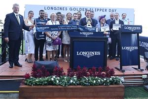 SYDNEY, AUSTRALIA - MARCH 18: Ryan Moore riding Shinzo wins Race 8 The Golden Slipper during the Longines Golden Slipper Day - Sydney Racing at Rosehill Gardens on March 18, 2023 in Sydney, Australia. (Photo by Jeremy Ng/Getty Images)