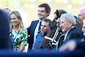 SYDNEY, AUSTRALIA - MARCH 18: Ryan Moore riding Shinzo wins Race 8 The Golden Slipper during the Longines Golden Slipper Day - Sydney Racing at Rosehill Gardens on March 18, 2023 in Sydney, Australia. (Photo by Jeremy Ng/Getty Images)