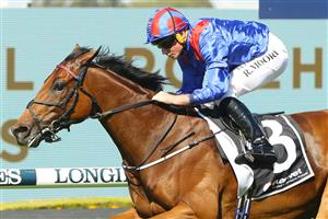 SYDNEY, AUSTRALIA - MARCH 18: Ryan Moore riding Dubai Honour wins Race 6 Ranvet Stakes during the Longines Golden Slipper Day - Sydney Racing at Rosehill Gardens on March 18, 2023 in Sydney, Australia. (Photo by Jeremy Ng/Getty Images)