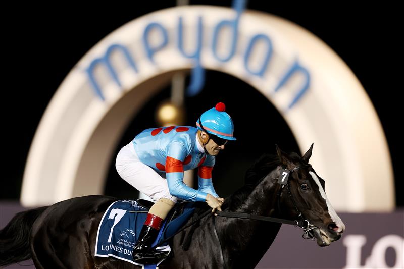 DUBAI, UNITED ARAB EMIRATES - MARCH 25: Christophe Lemaire riding Equinox wins the Longines Dubai Sheema Classic during the Dubai World Cup at Meydan Racecourse on March 25, 2023 in Dubai, United Arab Emirates. (Photo by Christopher Pike/Getty Images)