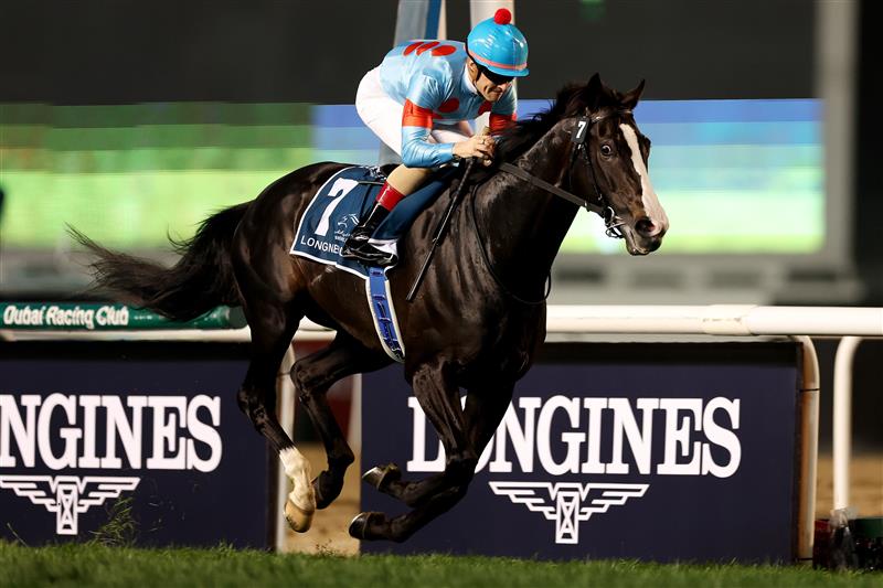 DUBAI, UNITED ARAB EMIRATES - MARCH 25: Christophe Lemaire riding Equinox wins the Longines Dubai Sheema Classic during the Dubai World Cup at Meydan Racecourse on March 25, 2023 in Dubai, United Arab Emirates. (Photo by Christopher Pike/Getty Images)
