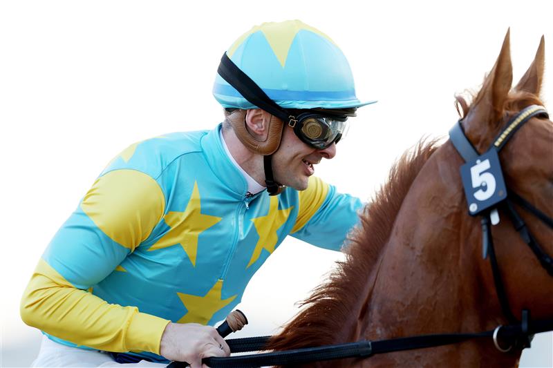 DUBAI, UNITED ARAB EMIRATES - MARCH 25: Christophe Lemaire riding Derma Sotogake after winning the UAE Derby during the Dubai World Cup at Meydan Racecourse on March 25, 2023 in Dubai, United Arab Emirates. (Photo by Christopher Pike/Getty Images)