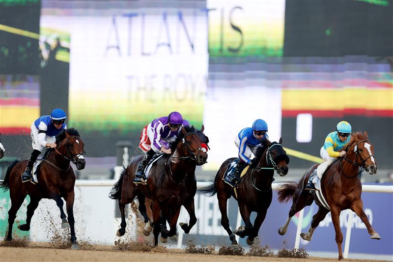 DUBAI, UNITED ARAB EMIRATES - MARCH 25: Christophe Lemaire riding Derma Sotogake, right, wins the UAE Derby during the Dubai World Cup at Meydan Racecourse on March 25, 2023 in Dubai, United Arab Emirates. (Photo by Christopher Pike/Getty Images)