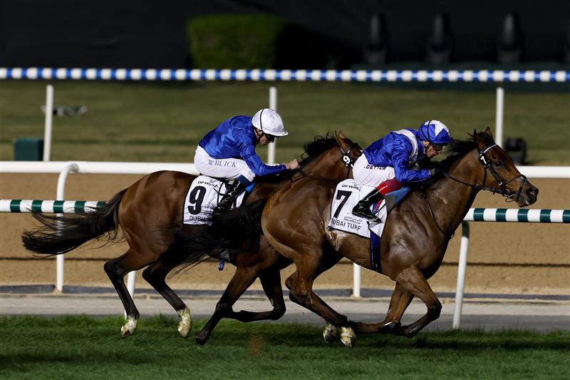DUBAI, UNITED ARAB EMIRATES - MARCH 25: Lanfranco Dettori riding Lord North wins the Dubai Turf during the Dubai World Cup at Meydan Racecourse on March 25, 2023 in Dubai, United Arab Emirates. (Photo by Christopher Pike/Getty Images)