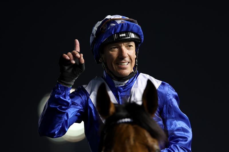 DUBAI, UNITED ARAB EMIRATES - MARCH 25: Lanfranco Dettori riding Lord North celebrates winning the Dubai Turf during the Dubai World Cup at Meydan Racecourse on March 25, 2023 in Dubai, United Arab Emirates. (Photo by Christopher Pike/Getty Images)