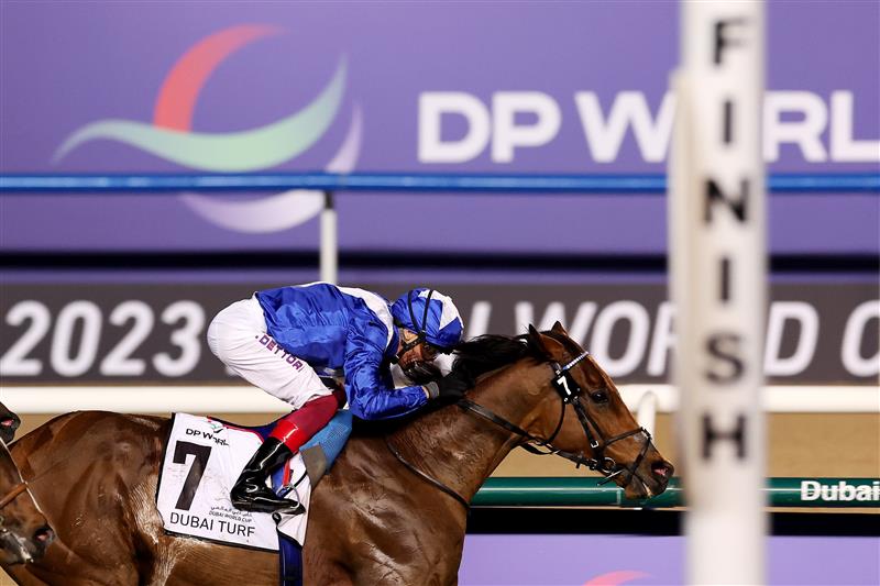 DUBAI, UNITED ARAB EMIRATES - MARCH 25: Lanfranco Dettori riding Lord North wins the Dubai Turf during the Dubai World Cup at Meydan Racecourse on March 25, 2023 in Dubai, United Arab Emirates. (Photo by Christopher Pike/Getty Images)