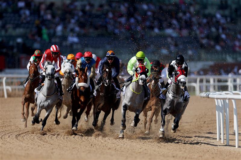 DUBAI, UNITED ARAB EMIRATES - MARCH 25: A general view of race action during the Dubai Kahayla Classic during the Dubai World Cup at Meydan Racecourse on March 25, 2023 in Dubai, United Arab Emirates. (Photo by Christopher Pike/Getty Images)