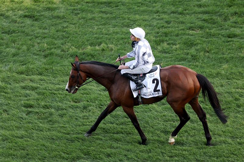DUBAI, UNITED ARAB EMIRATES - MARCH 25: Ryan Moore riding Broome after winning the Dubai Gold Cup during the Dubai World Cup at Meydan Racecourse on March 25, 2023 in Dubai, United Arab Emirates. (Photo by Christopher Pike/Getty Images)