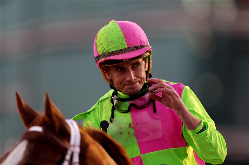 DUBAI, UNITED ARAB EMIRATES - MARCH 25: Ryan Moore riding Sibelius after winning the Dubai Golden Shaheen during the Dubai World Cup at Meydan Racecourse on March 25, 2023 in Dubai, United Arab Emirates. (Photo by Christopher Pike/Getty Images)