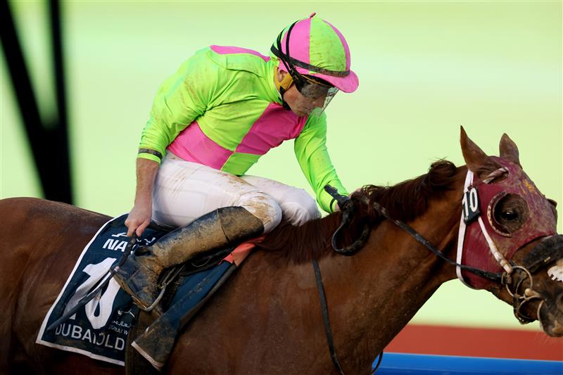 DUBAI, UNITED ARAB EMIRATES - MARCH 25: Ryan Moore riding Sibelius wins the Dubai Golden Shaheen during the Dubai World Cup at Meydan Racecourse on March 25, 2023 in Dubai, United Arab Emirates. (Photo by Christopher Pike/Getty Images)