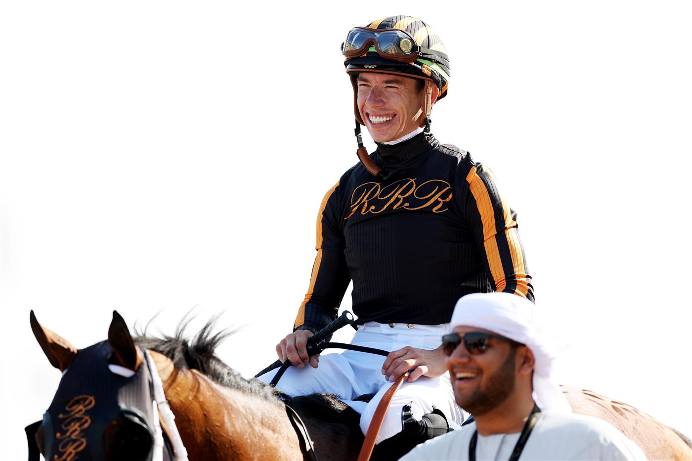 DUBAI, UNITED ARAB EMIRATES - MARCH 25: Tyler Gaffalione riding Isolate celebrates winning the Godolphin Mile during the Dubai World Cup at Meydan Racecourse on March 25, 2023 in Dubai, United Arab Emirates. (Photo by Christopher Pike/Getty Images)