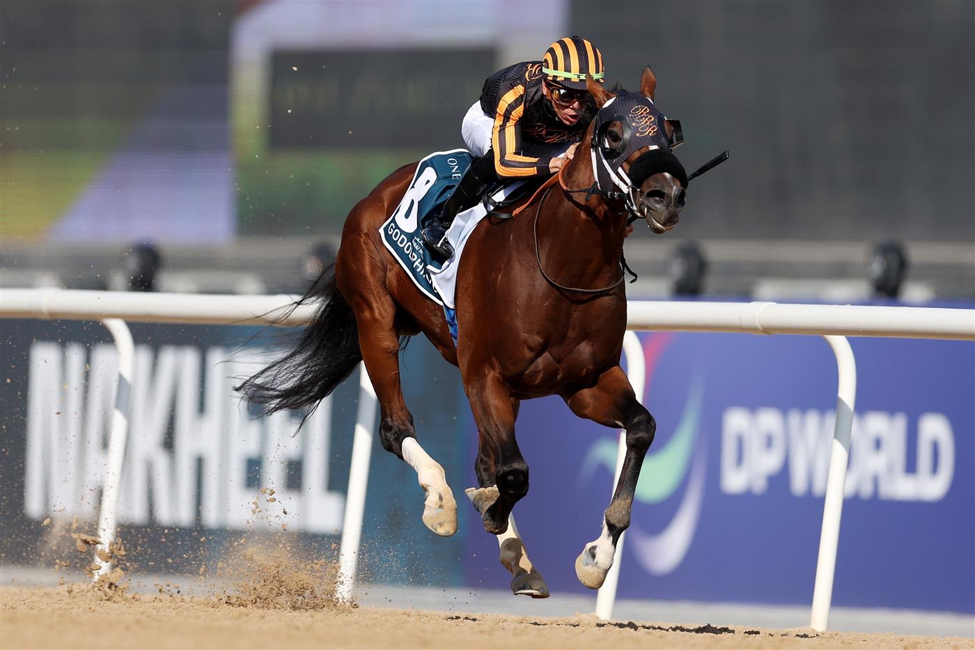DUBAI, UNITED ARAB EMIRATES - MARCH 25: Tyler Gaffalione riding Isolate wins the Godolphin Mile during the Dubai World Cup at Meydan Racecourse on March 25, 2023 in Dubai, United Arab Emirates. (Photo by Christopher Pike/Getty Images)