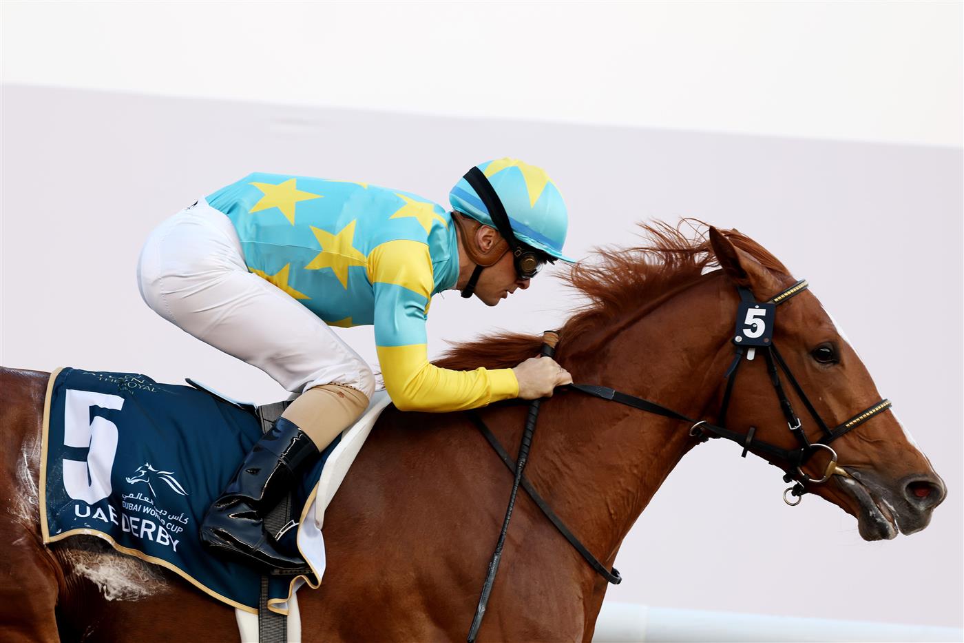 DUBAI, UNITED ARAB EMIRATES - MARCH 25: Christophe Lemaire riding Derma Sotogake wins the UAE Derby during the Dubai World Cup at Meydan Racecourse on March 25, 2023 in Dubai, United Arab Emirates. (Photo by Christopher Pike/Getty Images)