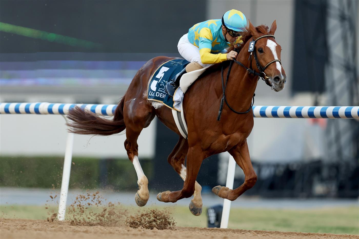DUBAI, UNITED ARAB EMIRATES - MARCH 25: Christophe Lemaire riding Derma Sotogake wins the UAE Derby during the Dubai World Cup at Meydan Racecourse on March 25, 2023 in Dubai, United Arab Emirates. (Photo by Christopher Pike/Getty Images)
