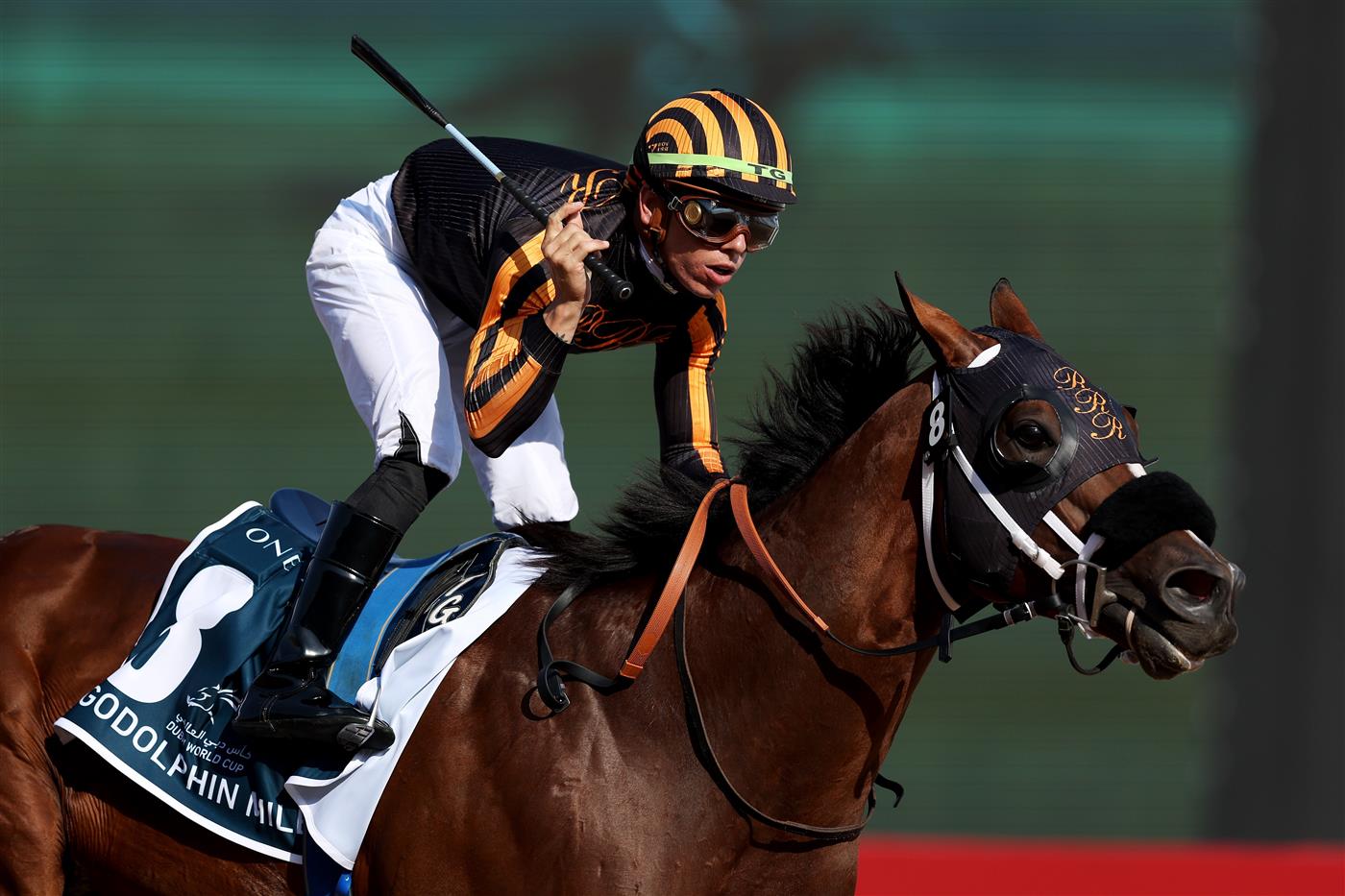 DUBAI, UNITED ARAB EMIRATES - MARCH 25: Tyler Gaffalione riding Isolate wins the Godolphin Mile during the Dubai World Cup at Meydan Racecourse on March 25, 2023 in Dubai, United Arab Emirates. (Photo by Christopher Pike/Getty Images)