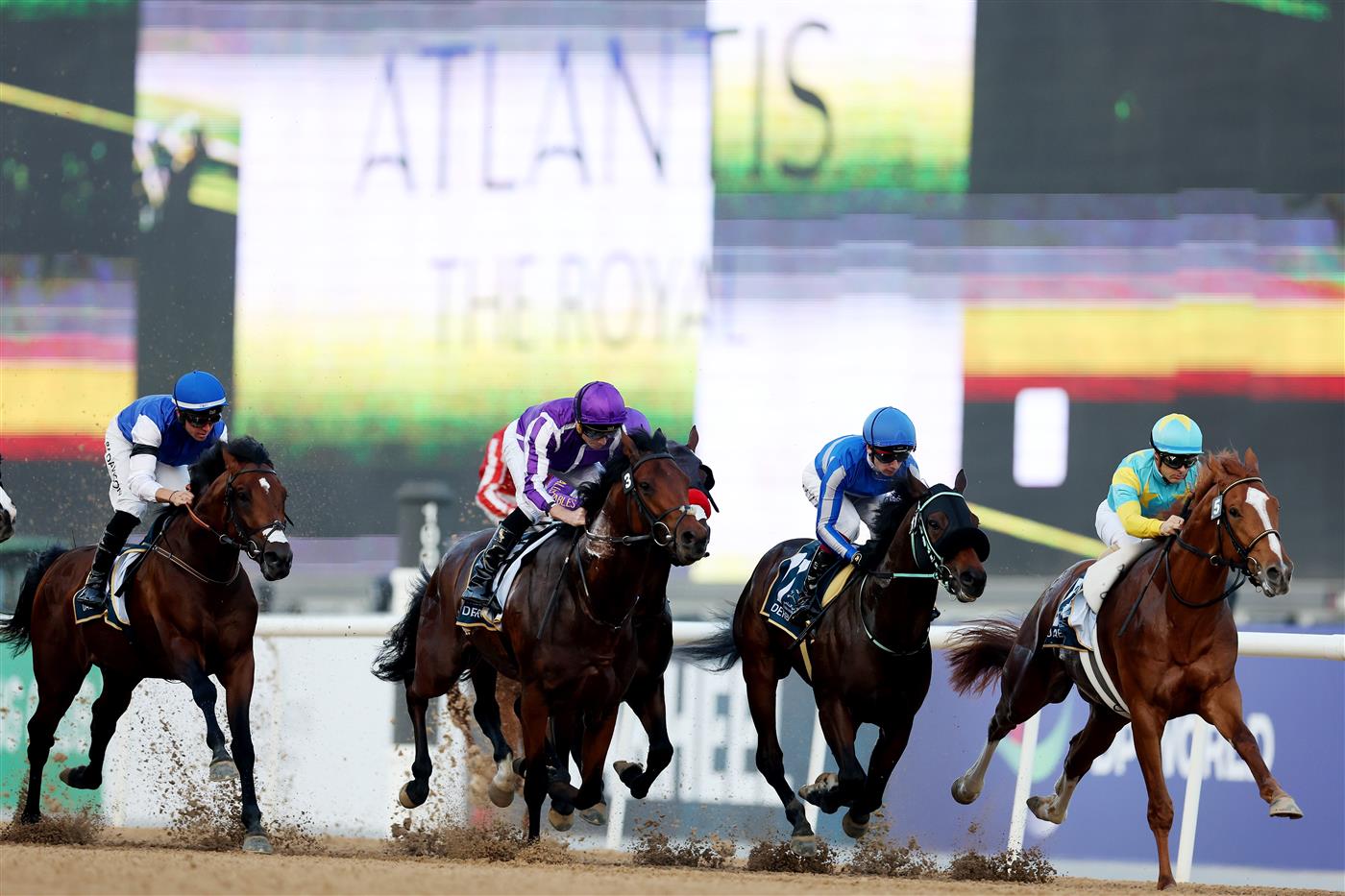 DUBAI, UNITED ARAB EMIRATES - MARCH 25: Christophe Lemaire riding Derma Sotogake, right, wins the UAE Derby during the Dubai World Cup at Meydan Racecourse on March 25, 2023 in Dubai, United Arab Emirates. (Photo by Christopher Pike/Getty Images)