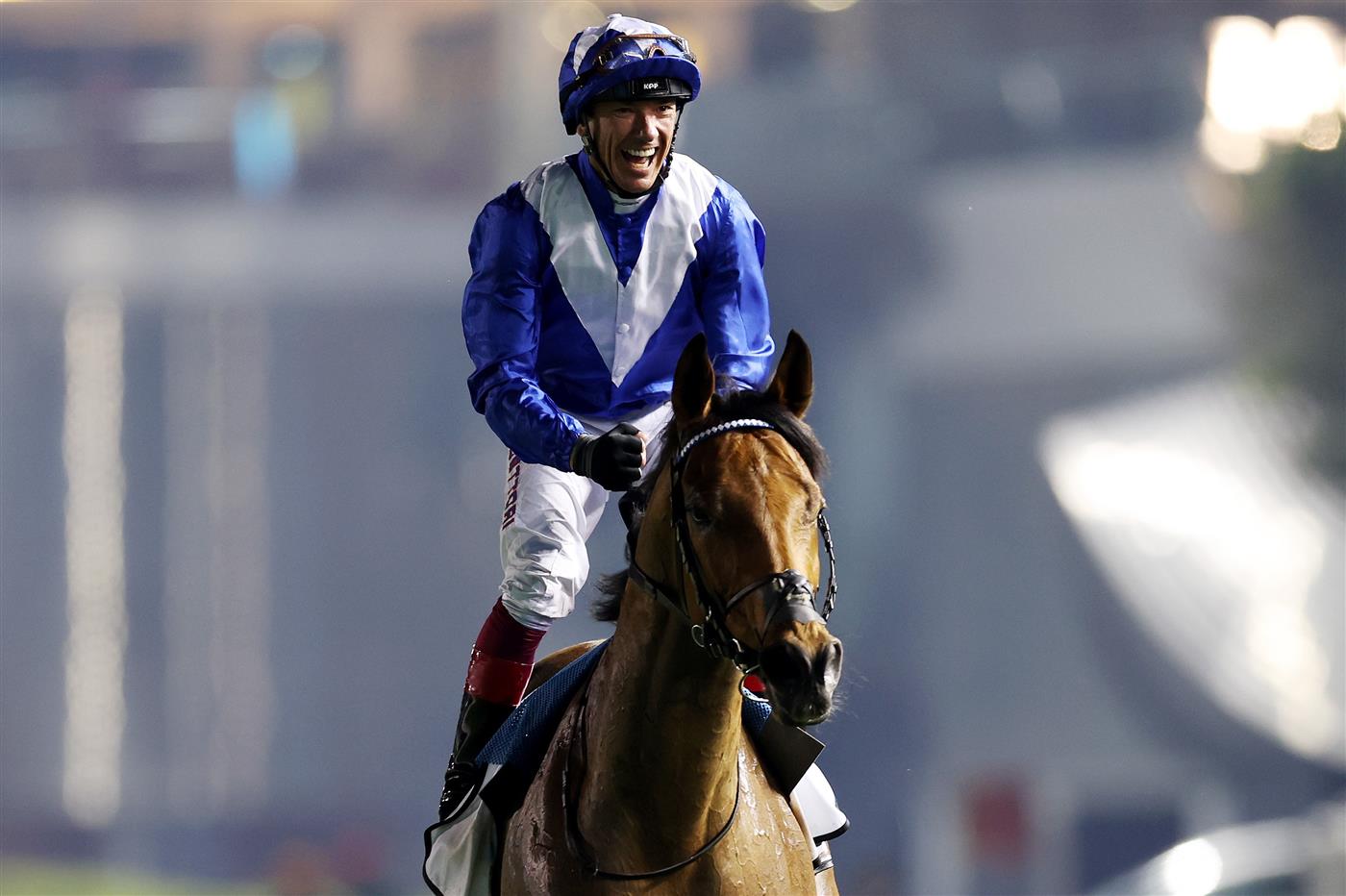DUBAI, UNITED ARAB EMIRATES - MARCH 25: Lanfranco Dettori riding Lord North celebrates winning the Dubai Turf during the Dubai World Cup at Meydan Racecourse on March 25, 2023 in Dubai, United Arab Emirates. (Photo by Christopher Pike/Getty Images)