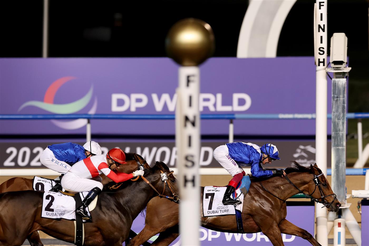 DUBAI, UNITED ARAB EMIRATES - MARCH 25: Lanfranco Dettori riding Lord North wins the Dubai Turf during the Dubai World Cup at Meydan Racecourse on March 25, 2023 in Dubai, United Arab Emirates. (Photo by Christopher Pike/Getty Images)