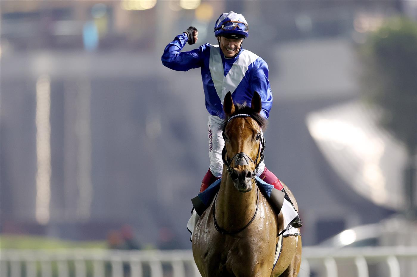 DUBAI, UNITED ARAB EMIRATES - MARCH 25: Lanfranco Dettori riding Lord North celebrates winning the Dubai Turf during the Dubai World Cup at Meydan Racecourse on March 25, 2023 in Dubai, United Arab Emirates. (Photo by Christopher Pike/Getty Images)