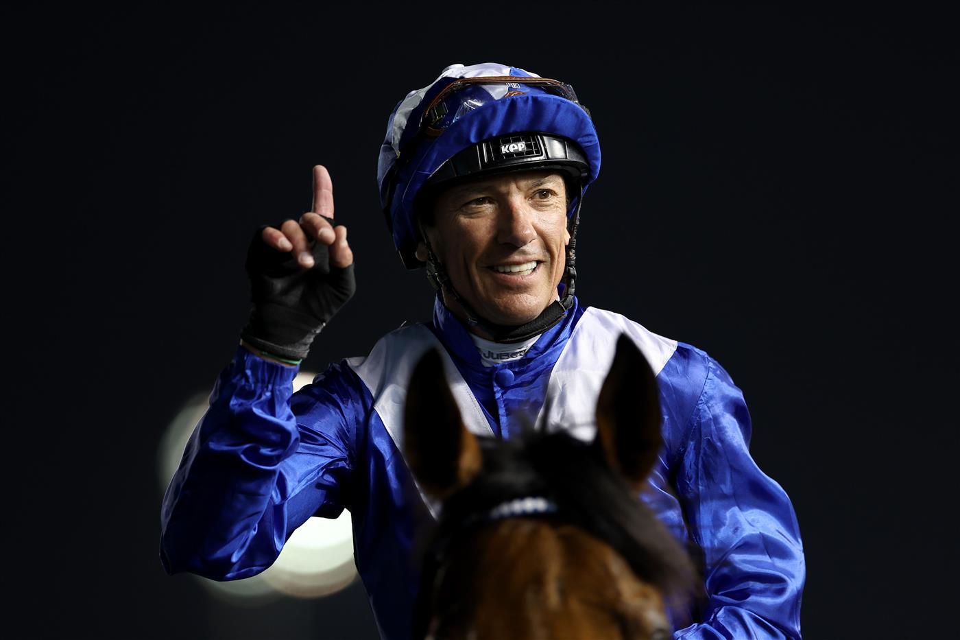 DUBAI, UNITED ARAB EMIRATES - MARCH 25: Lanfranco Dettori riding Lord North celebrates winning the Dubai Turf during the Dubai World Cup at Meydan Racecourse on March 25, 2023 in Dubai, United Arab Emirates. (Photo by Christopher Pike/Getty Images)