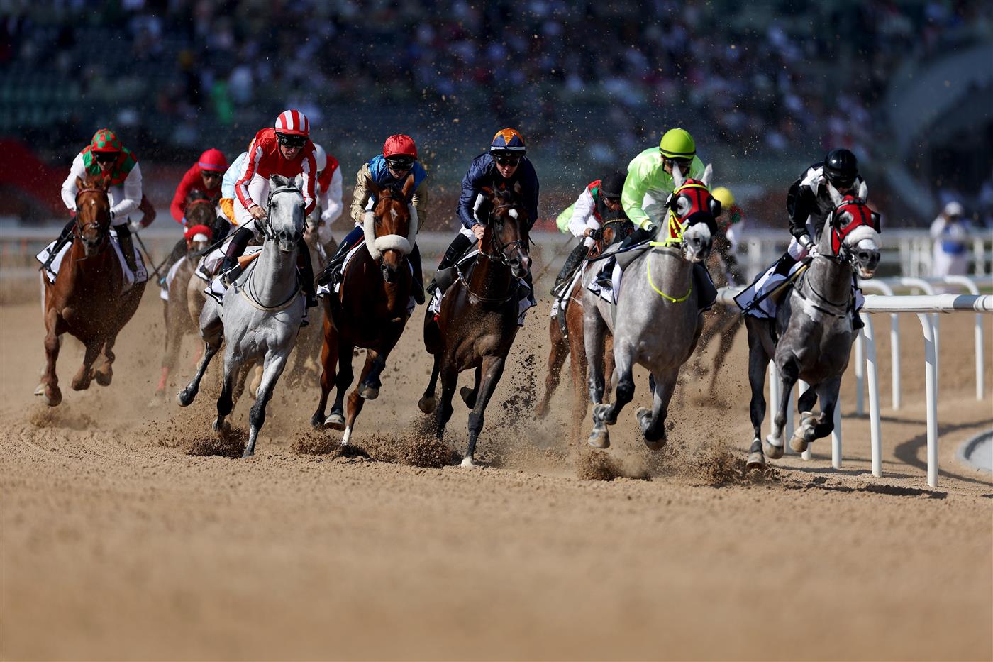 DUBAI, UNITED ARAB EMIRATES - MARCH 25: A general view of race action during the Dubai Kahayla Classic during the Dubai World Cup at Meydan Racecourse on March 25, 2023 in Dubai, United Arab Emirates. (Photo by Christopher Pike/Getty Images)